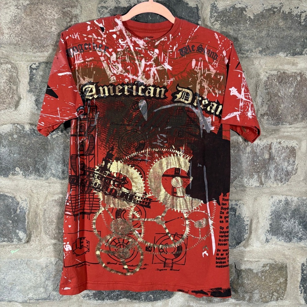 P Miller Designs American Dream Graphic T Shirt Red Gold Foil Mens Medium Y2K